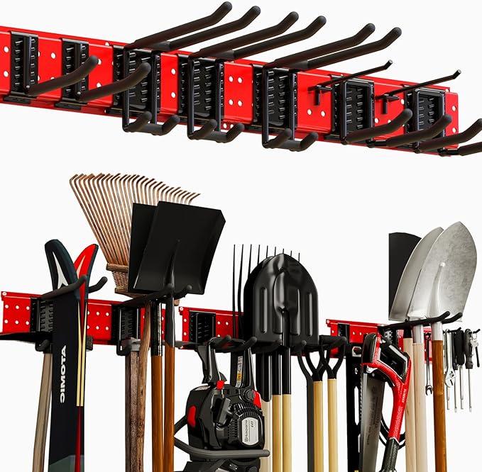 NattyDot Garage Tool Organizer Wall Mount 49.5inch With 9 Hooks,Shovel Holder Wall Mount Ski Rck for Garage Garden Tool Rack Heavy Duty(Red)
