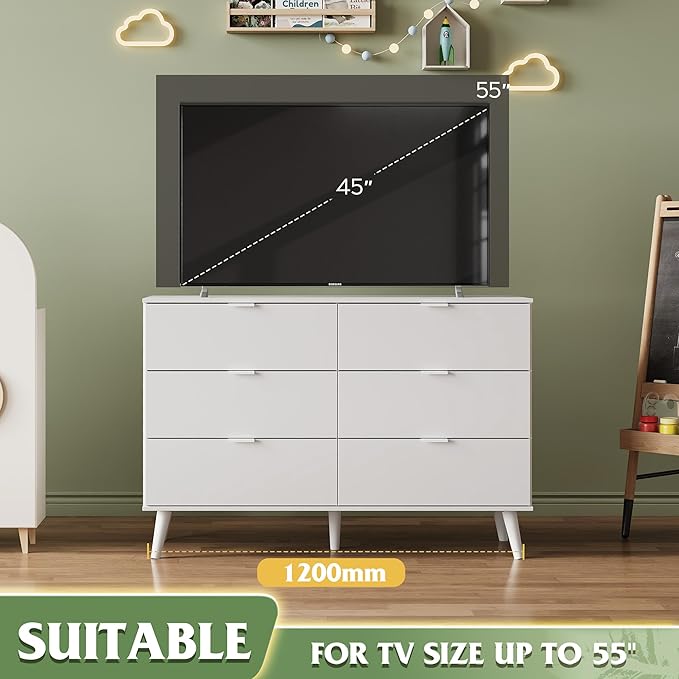 WLIVE White Dresser for Bedroom, 47'' Wide 6 Drawer Wooden Chest of Drawers, Modern Dresser Storage Organizer, TV Stand for 55 inch TV, for Living Room, Hallway, Closet