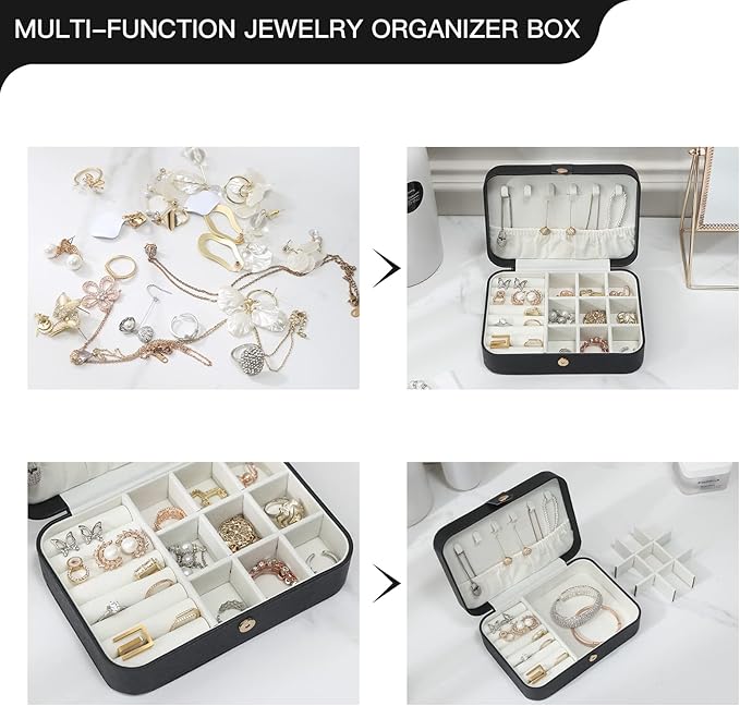 CASEGRACE Travel Jewelry Box Small Jewelry Organizer Case Display Storage for Earrings Necklace Rings Bracelets Portable Jewelry Organizer for Women Girls, Black