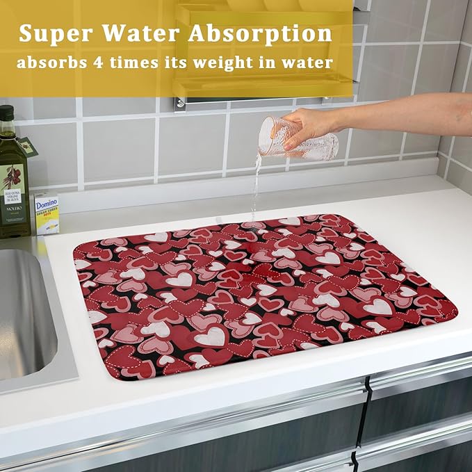 Valentines Day Dish Drying Mat for Kitchen Counter 24x18 Inch Love Drying Mat with Absorbent Reversible Microfiber Black Red Grey Heart Dish Drainer Mats Rack Pad for Coffee Countertop Protector