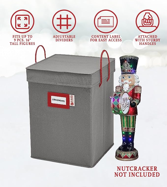 Christmas Nutcracker and Figurine Collectible Storage Box - Stores Up to 9-16" Tall Nutcrackers, Ornaments, and More - Holiday Decor Organizer with Adjustable Dividers - Nutcracker NOT Included