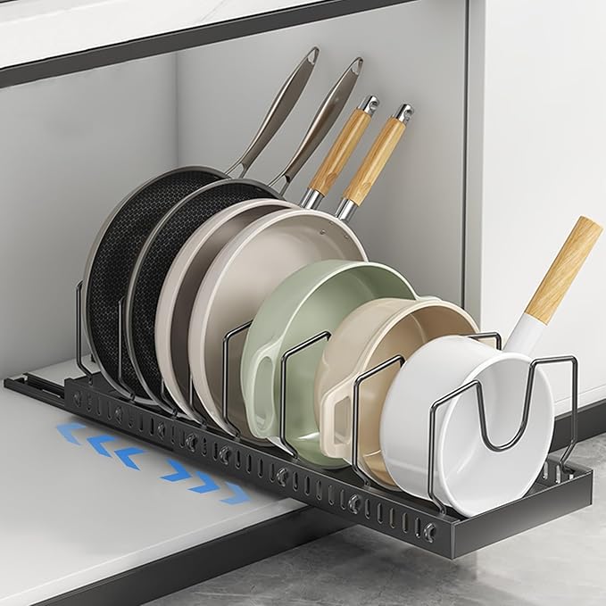 Enskatec Expandable Pots and Pans Organizer Under Cabinet, Sliding Pot Lid Holder and Pan Rack in Kitchen, Pull out Kitchen Cabinet Storage, with 10 Adjustable Dividers