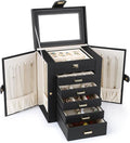 Kendal Jewelry Box, 6-Layer Jewelry Storage Organizer for Necklace Bracelet Rings Watch, 10.2"x8.2"x6" Classic Black PU Leather 5 Drawers Large Storage Capacity with Mirror