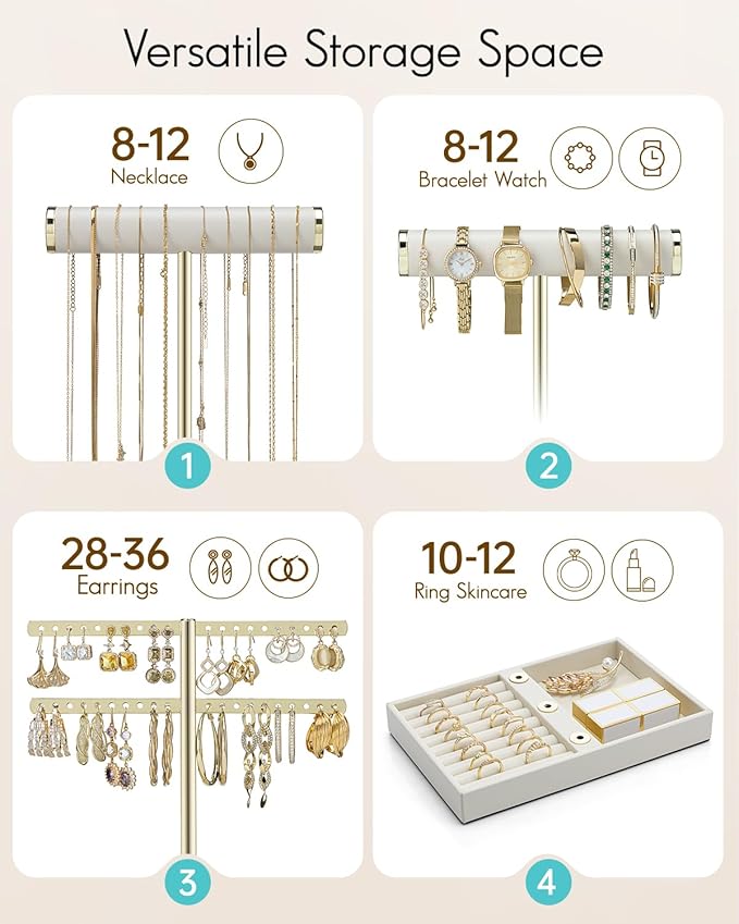 Vlando 3 Tier Necklace Holder Organizer with Tray, Leather Bracelet Holder Display for Women, Gold Jewelry Stand for Bracelet, Necklace, Earrings, Rings - Cloud White