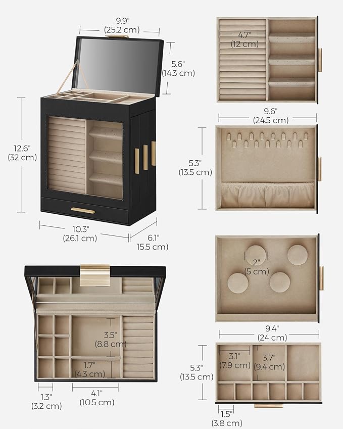 SONGMICS Jewelry Box with Glass Window, 5-Layer Jewelry Organizer with 3 Side Drawers, Jewelry Storage, with Big Mirror, Modern, 6.1 x 10.3 x 12.6 Inches, Ink Black and Metallic Gold UJBC162B02