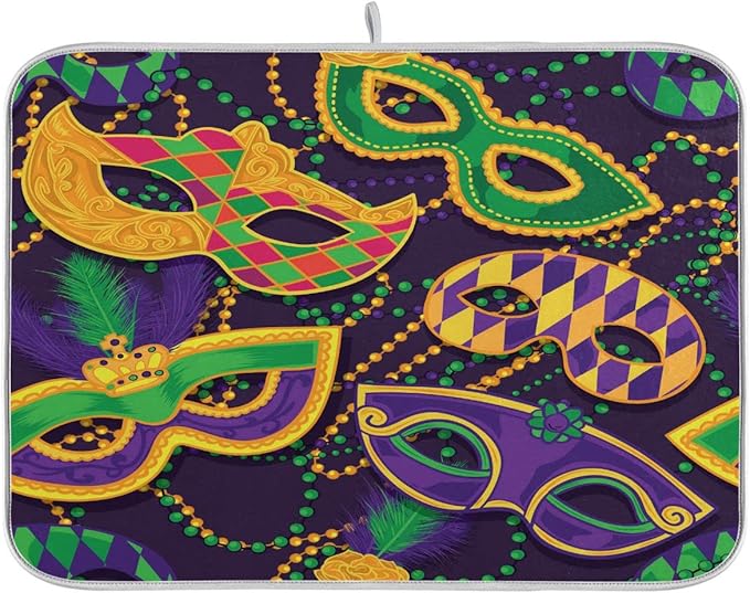Mardi Gras Dish Drying Mat for Kitchen Mask Beads Confetti Masquerade Party Microfiber Drying Mats Absorbent Reversible Dish Pad Medium Dish Draining Mat 16x18 inch