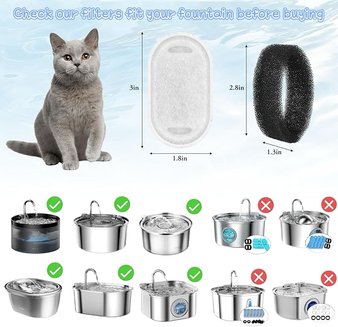 28+28 Pack Cat Water Fountain Filters, Pet Water Fountain Filters Replacement for Dog/Cat Stainless Steel Fountain 108oz/3.2L& 67oz/2L, 10 Months Set to Keep Drinking Fresh
