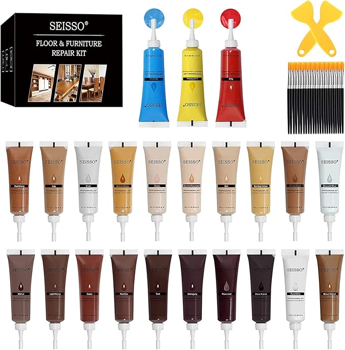 SEISSO Wood Furniture Repair Kit -Set of 50, 24 Colors Wood Touch up Fillers, Wood Repair Paint with Scraper and Brushes, Repair Scratches, Cracks, Stains, Hole, for Tables, Laminate, Cabinet, Floors
