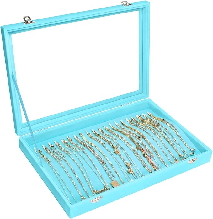 Necklace Organizer Box Premium 20 Hooks Velvet Necklace Display Jewelry Tray with Transparent Lid Jewelry Necklace Display Box for Necklace Pendants Suitable for Women and Girls (Light Blue)