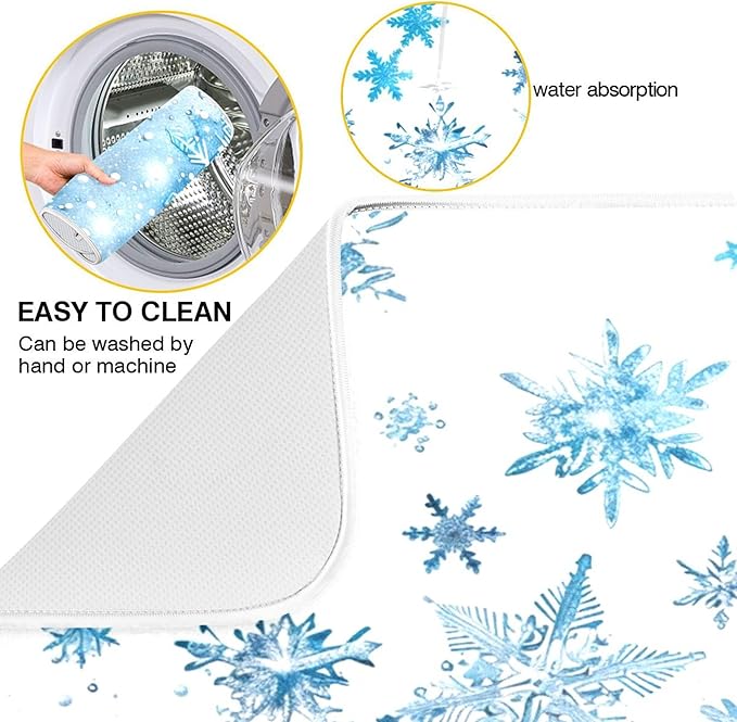Winter Snowflake Blue Dish Drying Mat for Kitchen Countertop 18x24 Christmas Snowman White Xmas Large Drying Mat Reusable Quick Dry Dish Sink Mats Easy Clean Decorative Essentials