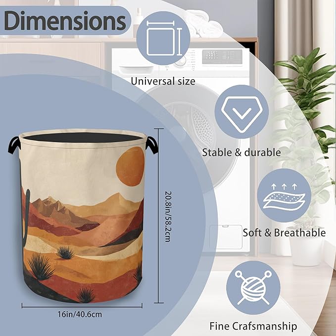 Mountains Sun Laundry Basket,Cactus Desert Oxford Cloth Laundry Hamper with Handle Foldable Portable Clothes Storage Basket for Bathroom Bedroom Dorm Room 16" x 20.8"