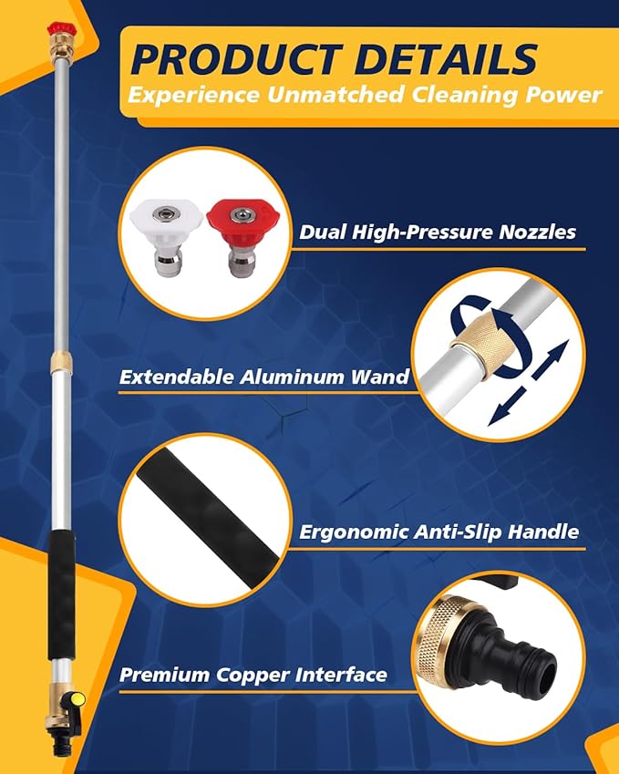 CONGDAREN 2025 Upgraded Extendable Jet Nozzle Power Washer - 2-in-1 High Pressure Washer Tool for Garden Hose, Adjustable Length 18“-32”, with Dual High-Pressure Nozzles and Hose Quick Connectors