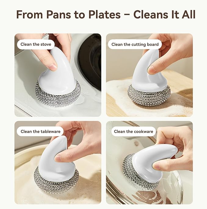 JESFORMYA Steel Wool Scrubber with Handle, 3 Refill Pads – Heavy Duty Cleaner for Dishes, Cast Iron, Pots, Pans & Grills (White)