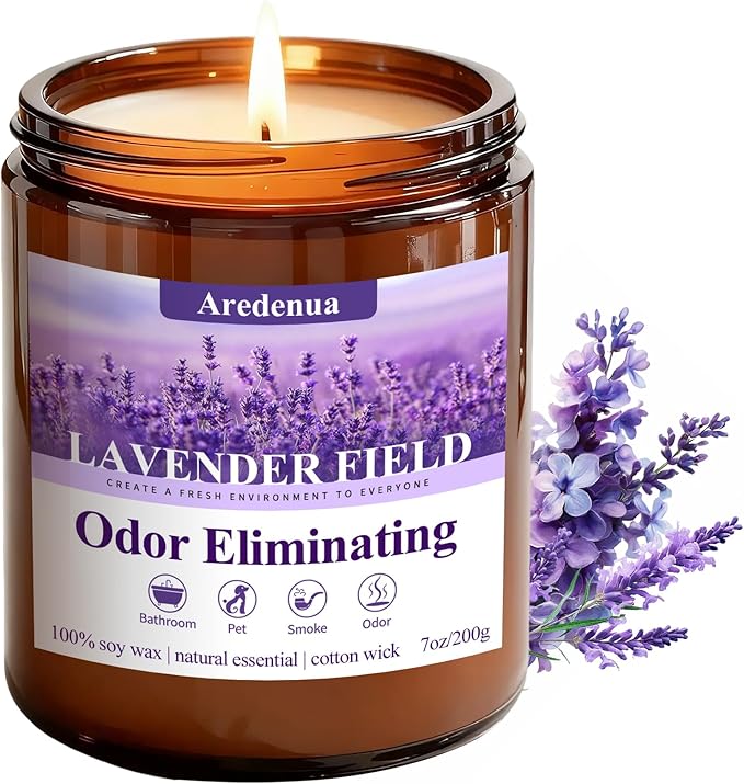 Lavender Odor Eliminating Candles | Eliminates 95% of Pet, Bad Smell & Bathroom Odors – 7oz Hand Poured Soy Candle - Aromatherapy Stress Relief Scented Candles - Relaxing Gifts for Calm & Fresh Homes