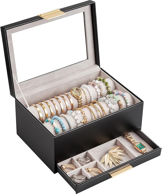 Lolalet Bracelet Holder Organizer with Clear Lid and Drawer, Bangle Storage Box Jewelry Display Holder for Watches, Jewellery Case for Women -Black