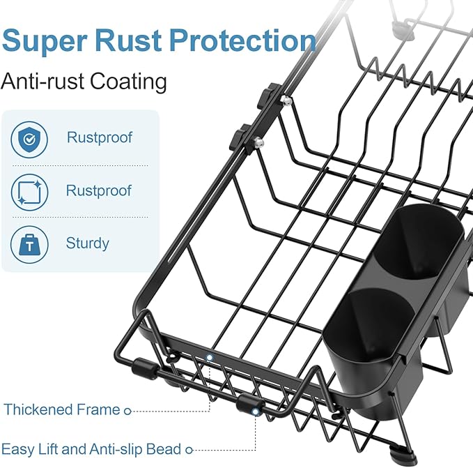 iSPECLE Small Sink Dish Drying Rack, Expandable Compact Rust Resistant Dish Drainer for RV Apartment Kitchen, Dish Rack with Tightening Knob, Arms with Non Slip Rubber, 9.1" W x 12.2"-17.3" L, Black