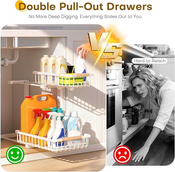 ZELOREA Under Sink Organizer, 2 Tier Pull Out Under-Sink Shelves, Adjustable Height (13.8" -16.9"), Sturdy Metal Storage Organizer for Bathroom Kitchen Pantry Cabinet (2 Packs, White)
