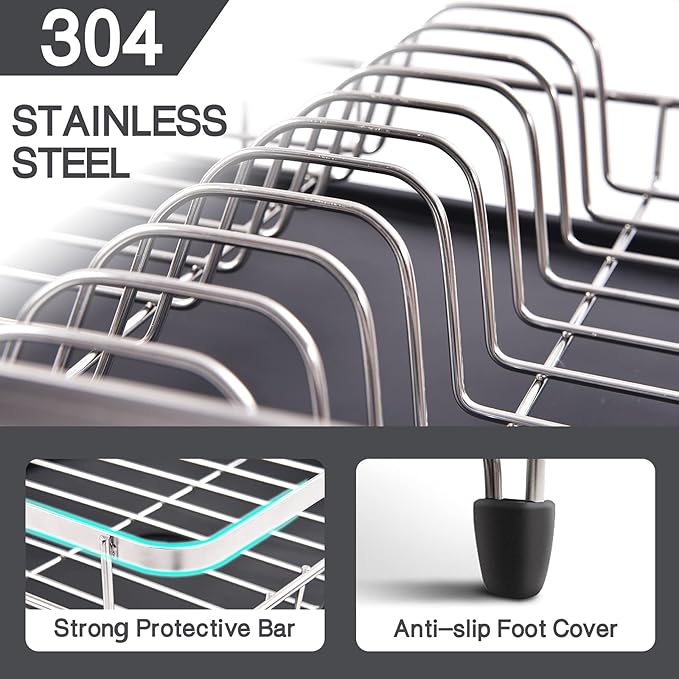 Expandable Dish Rack, Dish Drying Rack for Kitchen Counter, Foldable Dish Dryer Rack, Stainless Steel Dish Drainer Racks with Cutlery Holder, Collapsible Dish Drying Racks Standard Size, Silver