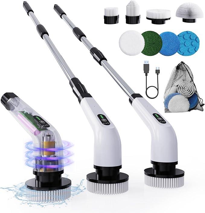 8 in 1 Electric Spin Scrubber for Cleaning Bathroom, 3000mAh Power Scrubber Cordless Cleaner with Long Handle, 3 Speeds Bathtub House Clean Brush Deep Cleaning for Tile, Shower, Wall, Floor