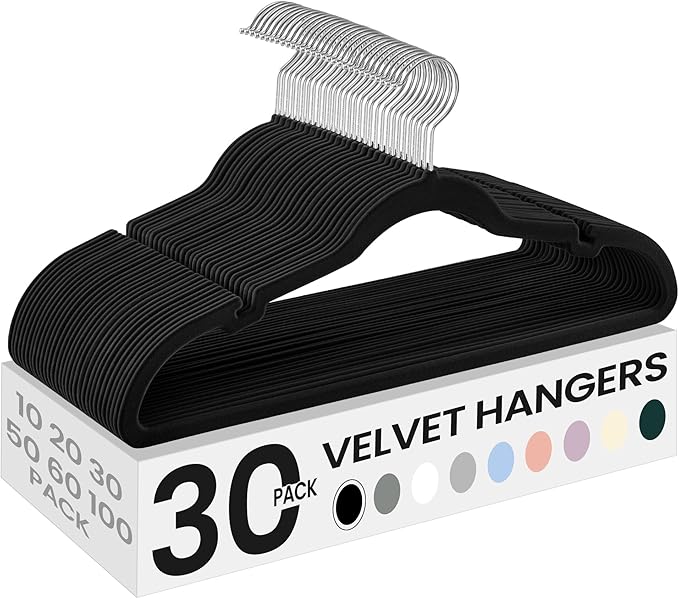 SONGMICS Velvet Hangers 30 Pack, Non-Slip Clothes Hangers with Shoulder Notches, Pants Bar, 360° Swivel Hook, Space-Saving, for Closet, Ink Black UCRF029B03