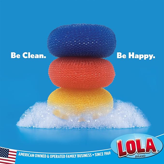 LOLA Plastic Mesh Scouring Pads - 18 Pack, 3.375" x 1.25", Non-Scratch Scrubbers to Clean Dishes, Assorted Colors - 1 Red, 1 Blue & 1 Yellow