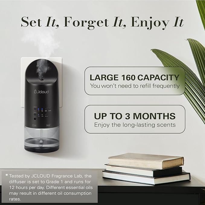 JCLOUD Plug in Diffuser Covers Up to 500 Sq. Ft. for Home, Office, Spa – Waterless Scent Diffuser Starter Kit with Royal Serenity Essential Oil Inspired by Luxury Hotel 140mL, Black