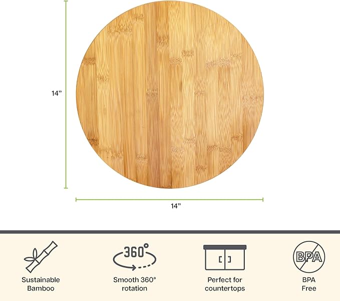TB Home Lazy Susan Organizer for Cabinet, Pantry or Tabletop – 14" Bamboo Turntable for Kitchen, Counter or Spice Rack Storage