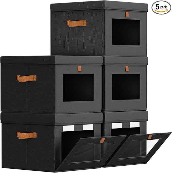 Storage Bins with Lid – Closet Organizer with Side Opening and Clear Window, Foldable Stackable Fabric Basket for Clothes, Home, Office - 13.77" x 11.8" x 9.8", 5 Pack, Black