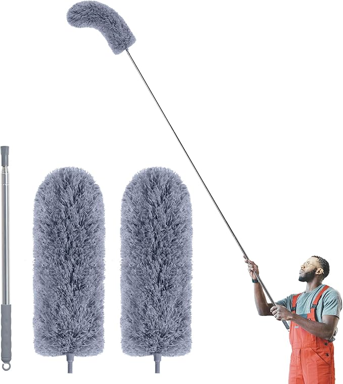 IVYROLL Duster with Extension Pole for Cleaning (2 Microfiber Heads Kit), 100" Long Feather Duster for High Ceilings with Washable Head, Cleaning Supplies for Housekeeping, Ceiling Fan, Furniture