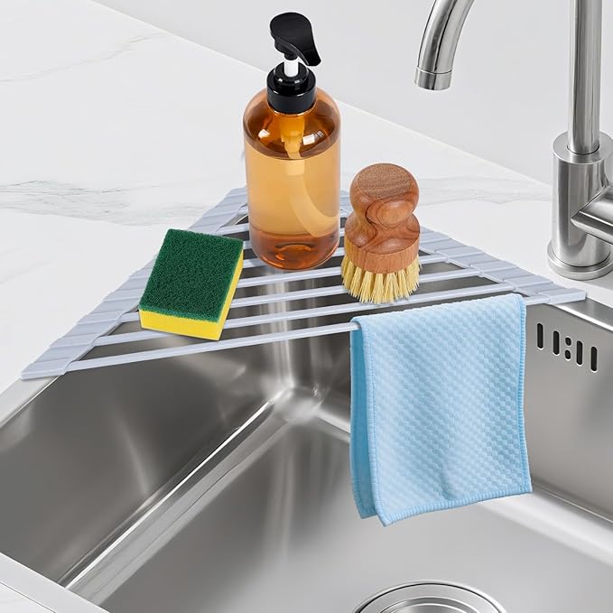 HANZENMA Triangular Sink Rack, Multi-Functional Rack Above The countertop, Foldable Sink Drying mat, Heat-Resistant, Non-Slip, and Rust-Proof Dish Rack (Gray)
