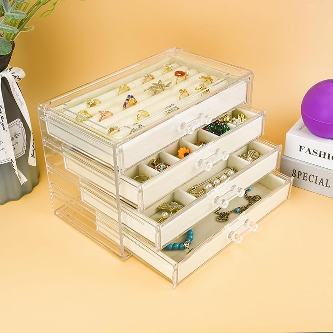 Weiai Acrylic Jewelry Organizer, Clear Jewelry Box with 4 Drawers, Jewelry Case Storage for Women (Beige)