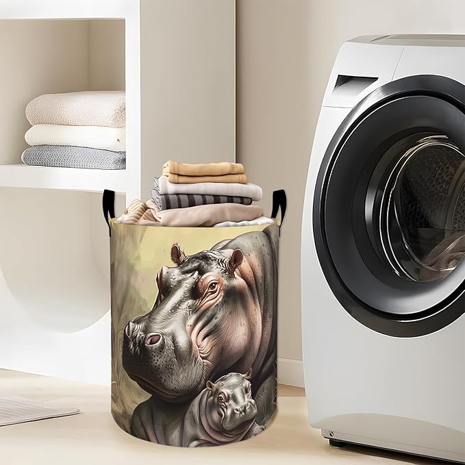 Gentle Hippos with Baby Together Laundry Basket with Handles, 19.7"x15.7" Clothes Foldable Laundry Hamper Organizer for Dorm Nursery Bedroom Bathroom Decor, Toy Storage Bin for Kids