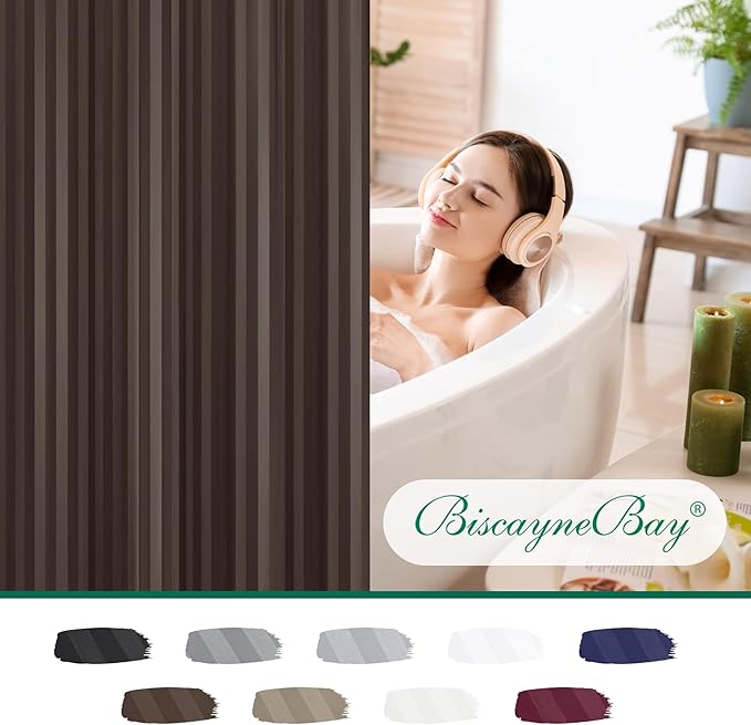 Biscaynebay Fabric Shower Curtain or Liner 72" by 72", Brown Water Repellent Damask Stripes Bathroom Curtains Machine Washable