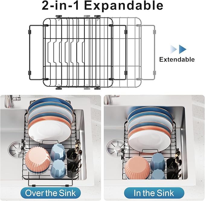 iSPECLE Expandable Dish Drying Rack for Kitchen Sink - Rust Resistant Adjustable Over The Sink Dish Drainer with Tightening Knob, Arms with Non Slip Rubber, 12.8" W x 12.4"-17.1" L, Black