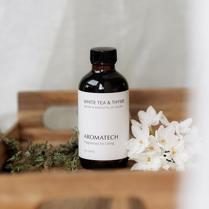 AromaTech White Tea and Thyme Aroma Essential Oil Blend: Luxury Hotel Inspired Aromatherapy with Tea Leaf, Fresh Thyme & Amber for Ultrasonic Diffusers (4 Fl Oz (Pack of 1))