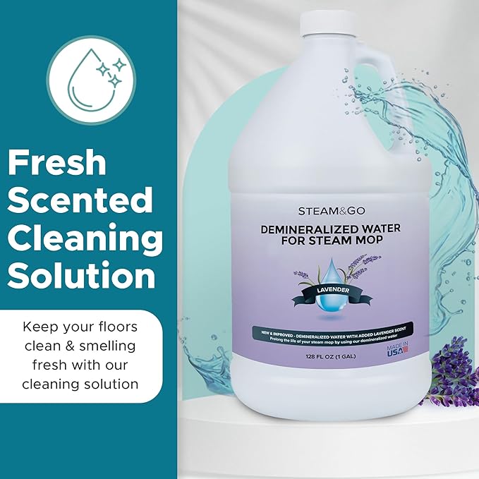 Steam & Go Demineralized Water Cleaning Solution for Floor & Multi-Surface Steam Cleaners - Compatible for All Steam Mops - Lavender Scent, 128 oz