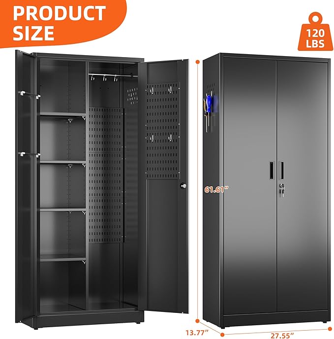Aobabo Broom Closet Storage Cabinet, Lockable Garage Storage Cabinet for Home Garage, 61.61" H×27.55" W×13.77" D, Assembly Required, Black