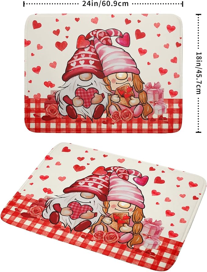Love Gnome Dish Drying Mat 18"x24" Red Heart Microfiber Dish Drainer Rack Mat Holiday Absorbent Dishes Pad for Kitchen Counter Sink Decor