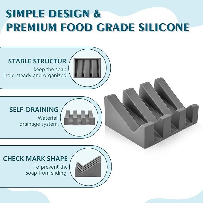 Coipdfty Self Draining Soap Dish Holder,Silicone Soap Dish,for Bathroom,Kitchen, Sponges，Can Extend Soap Life，Keep Soap Bars Dry and Easy Cleaning (Grey,1-Pack)