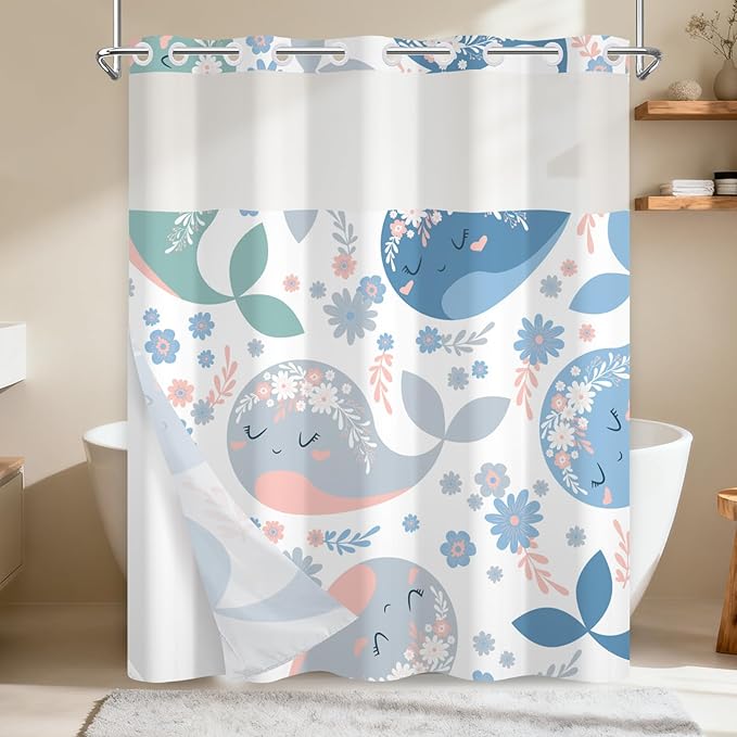 No Hook Shower Curtain with Snap-in Liner, Shower Curtains for Bathroom with Weighted Bottom & See Through Top Window, Cute Whale Fabric Shower Curtain for Home, Dormitories, and Hotel, 71 x 74 Inch