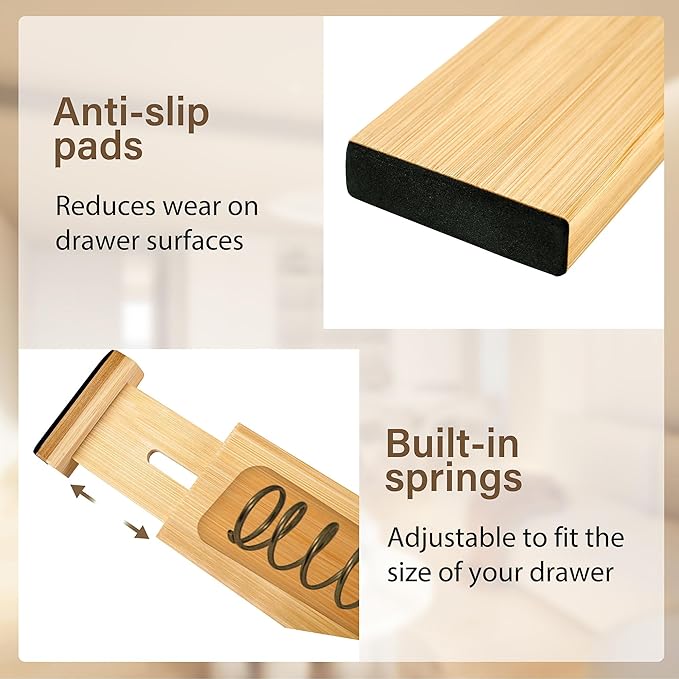 Bamboo Drawer Divider Set of 4, Adjustable Spring-Loaded Drawer Organizer (16.9"-22.2"), 2.3" Height, Suitable for Kitchen, Desk, Bathroom, Clothing, and Miscellaneous Drawer Organization, Natural