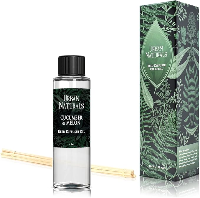 Urban Naturals Reed Diffuser Oil Refill Cucumber Melon, Crisp Cucumber, Juicy Melon, Refreshing Summer Scent, 4 oz + Free Reed Sticks, Made in The USA