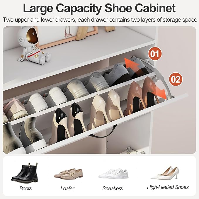 Shoe Cabinet with 2 Flip Drawers & Adjustable Shelf,Wood Shoe Organizer,Freestanding Hidden Shoe Storage Cabinet for Entryway,Hallway (White)