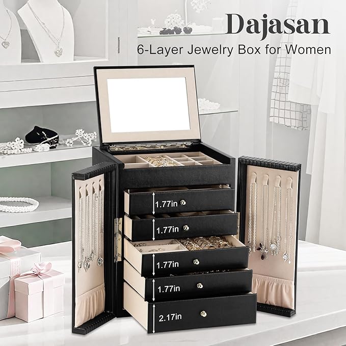 Dajasan Large Jewelry Organizer Box with 5 Drawers, Jewelry Box for Women, 6-Tier Jewelry Storage Organizer with Mirror for Necklace Ring Bracelet Watch, Gift Idea (Black)