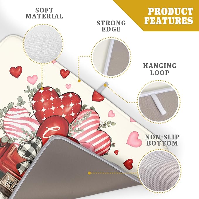 Valentines Day Red Truck Dish Drying Mat for Kitchen Counter 24x18 Inch Pink Heart Drying Mat with Absorbent Reversible Microfiber Love Dish Drainer Mats Rack Pad for Coffee Countertop Protector
