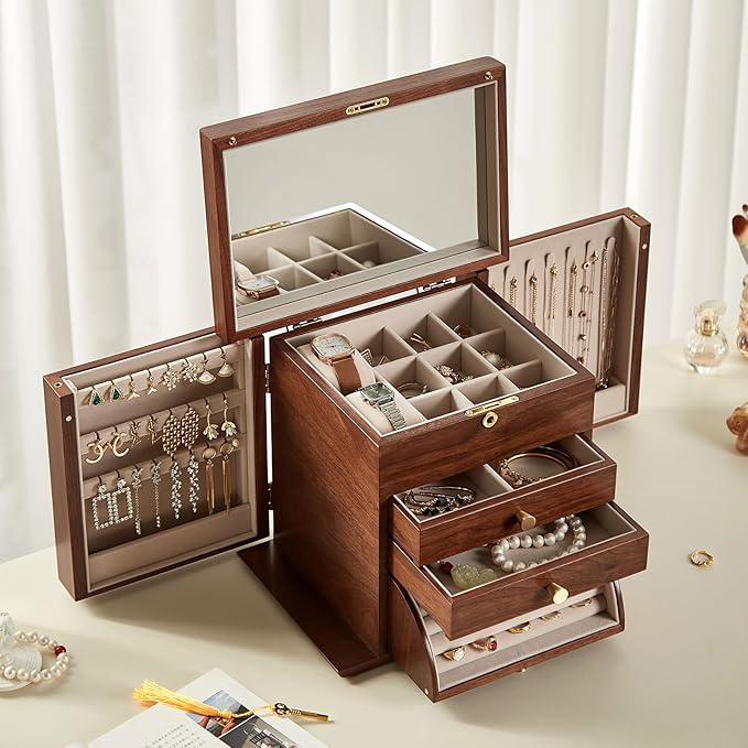 Black Walnut Wooden Jewelry Box, Wood Jewelry Organizer with 2 Side Doors Mirror Lockable Classical for Watch Necklace Ring Earring Valentine's Day Gifts-4 Layer with Curved Ring Grooves
