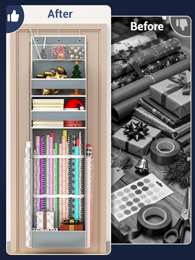 Hanging Gift Wrapping Paper Storage, Christmas Wrapper Bag Container, Long Craft Roll Organizer, Present Wrap Holder for Closet, Door, Grey