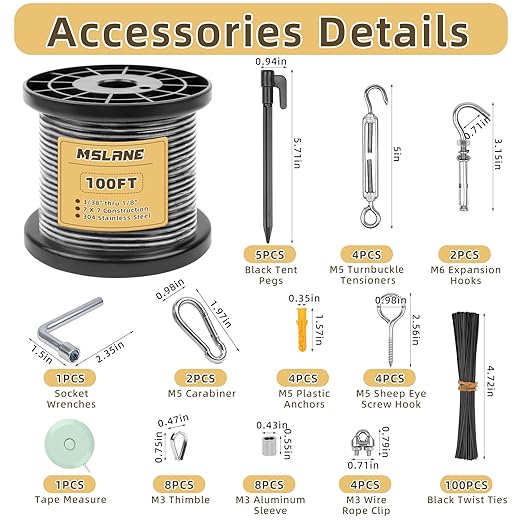 MSLANE 1/8" Black Wire Rope Kit 100FT 304 Stainless Steel Vinyl Coated with M5 Turnbuckles, 7x7 Strand Core Aircraft Cable for String Light, Picture Hanging, Clothesline, Curtain, and Plant Trellis