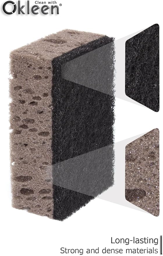 Okleen Taupe Multi Use Scrub Sponges. Made in Europe. 9 Pack, 4.3x2.8x1.4 inches. Best Odorless Durable Brown Heavy Duty Scrubber for Kitchen and Household Cleaning