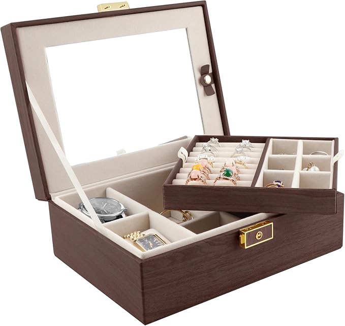 Homeanda Jewelry Box with Mirror Travel Jewelry Organizer 2 Layer Large Jewelry Storage Case Waterproof PU Leather Storage for Women Girls (Dark Brown)